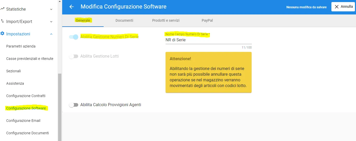 come abilitare gestione numeri di serie