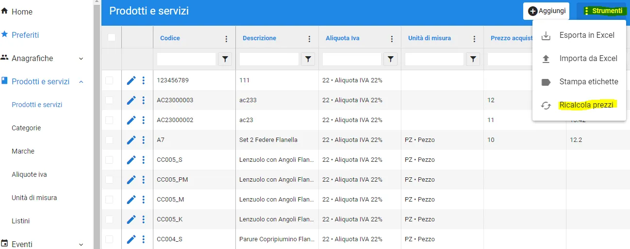aggiornamento prezzi da fatture fornitore