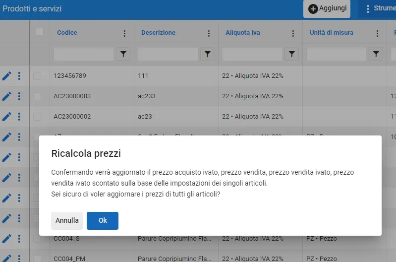 aggiornamento prezzi vendita
