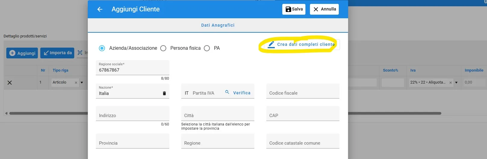 inserimento dati completi anagrafica