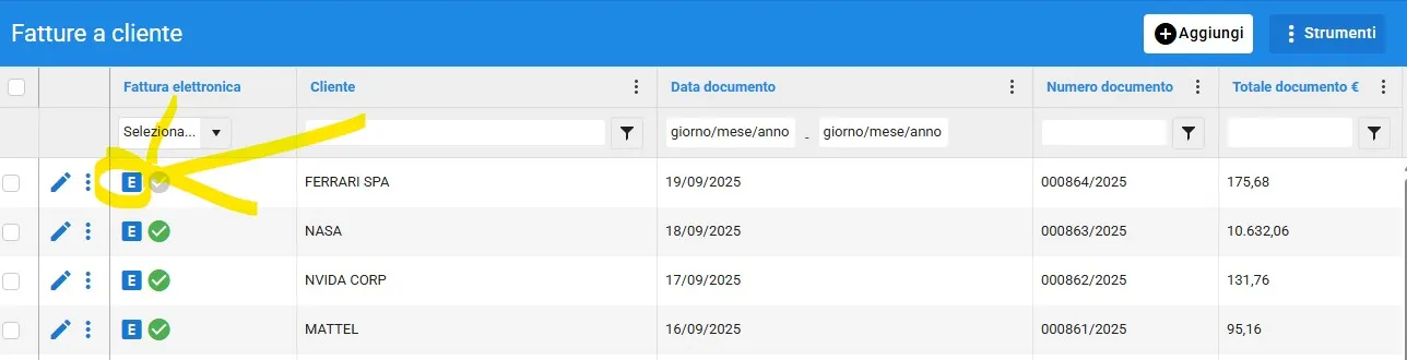 pulsante fatturazione elettronica