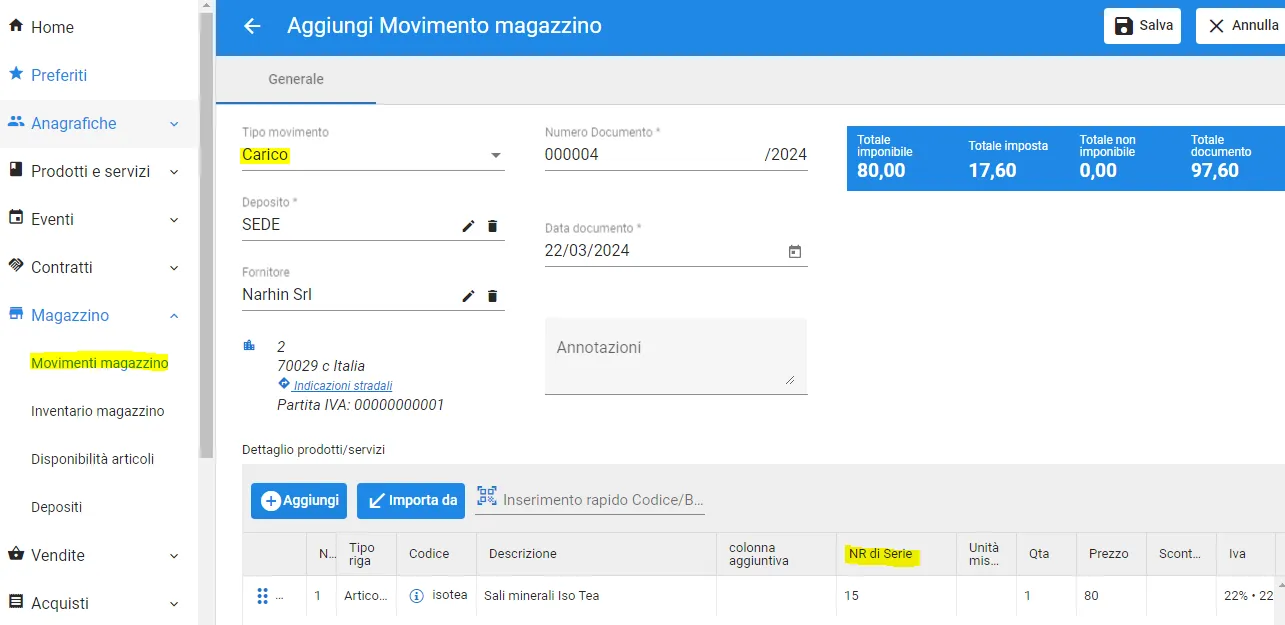 inserimento carico magazzino con seriale