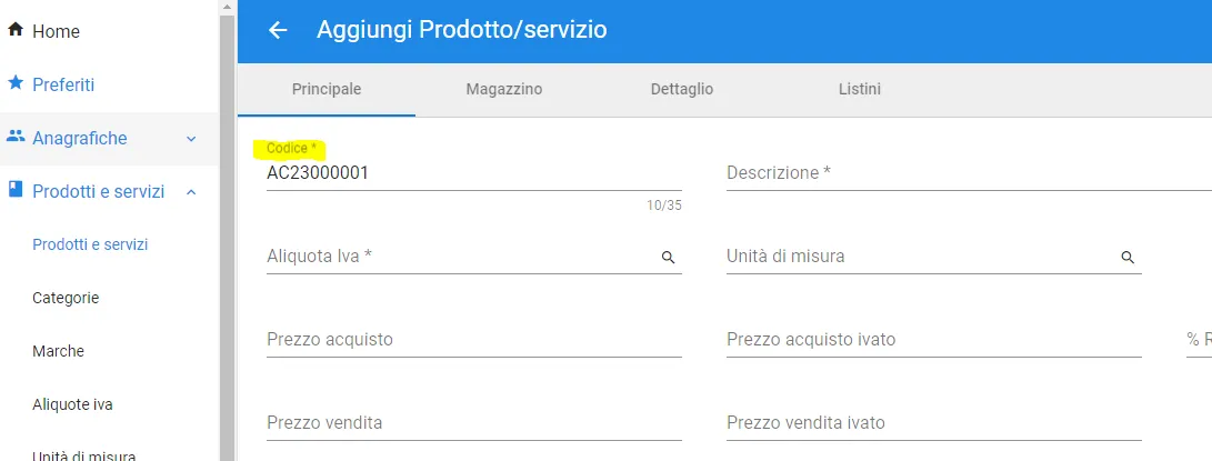 codice articolo automatico