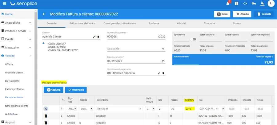 come si applica sconto su righe