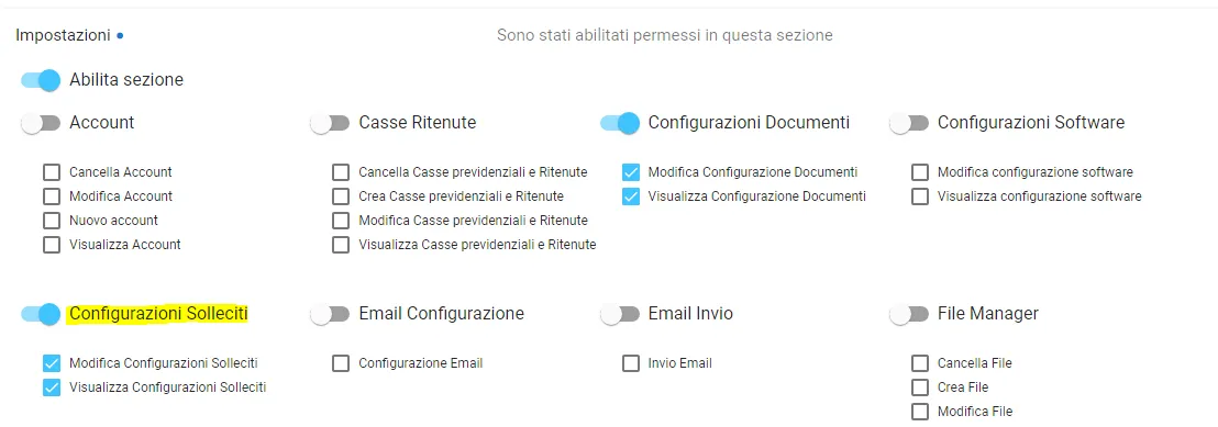 configurazione impostazioni solleciti pagamento