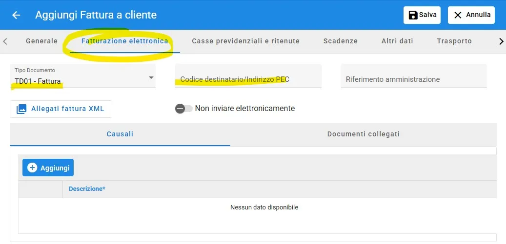 dati fatturazione elettronica