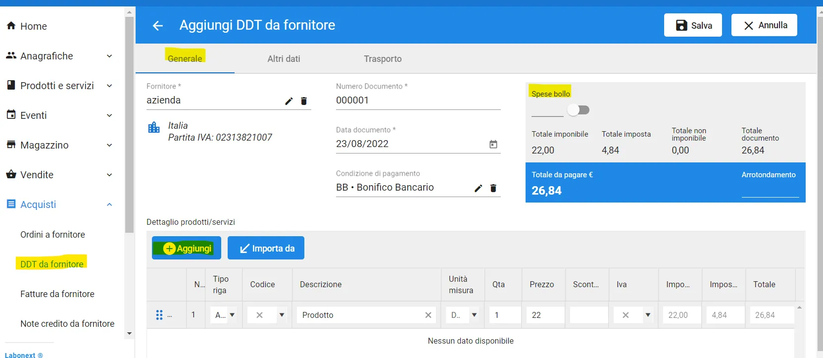 ddt da fornitore dati generali