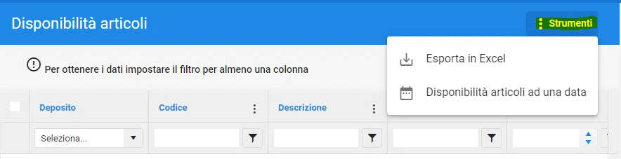 disponibilità articoli strumenti excel