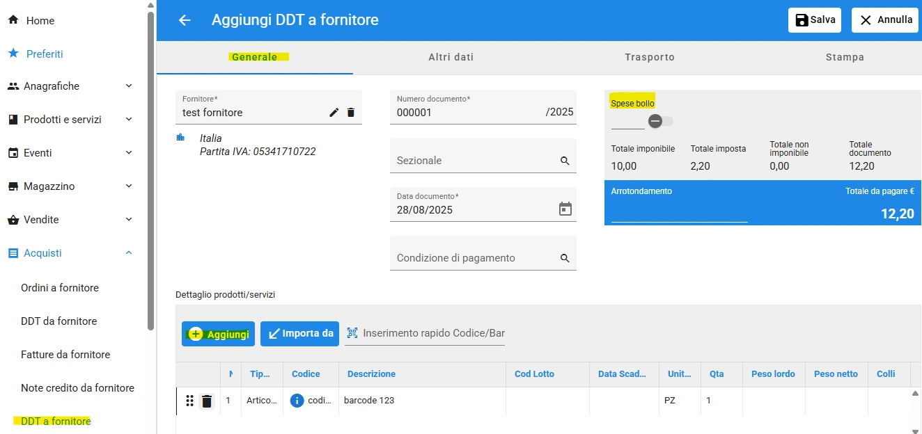 ddt di trasporto a fornitore