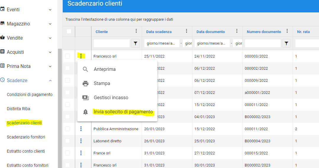 elenco scadenze per sollecitare pagamento