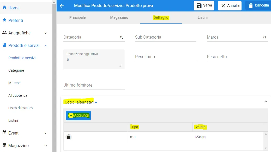 inserimento codici a barre prodotti