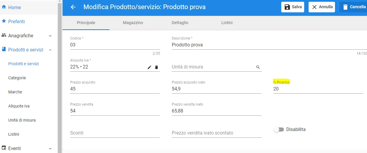gestione percentuale ricarico prezzo prodotti