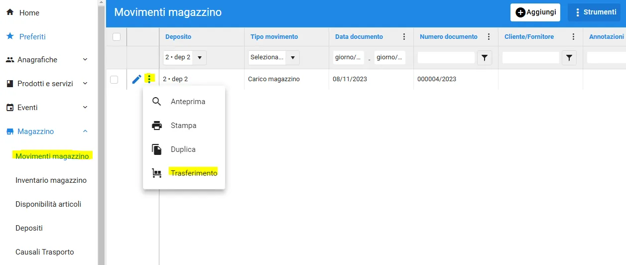 Gestione trasferimento merce tra magazzini