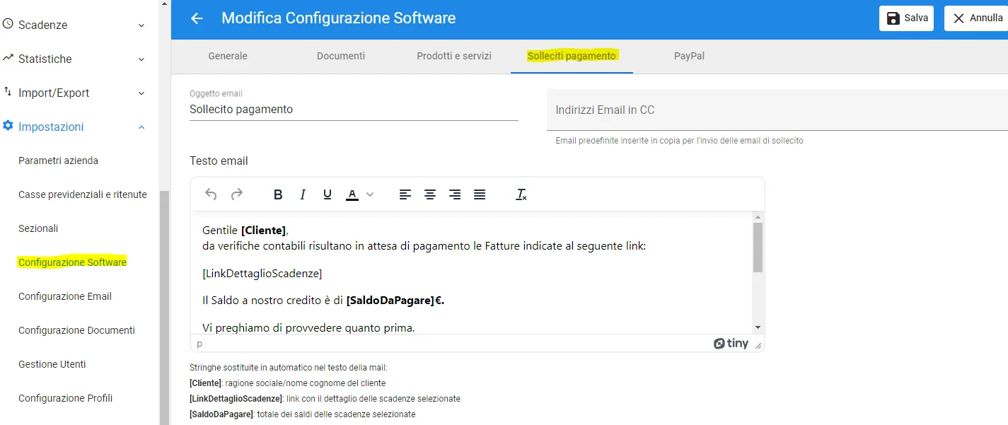 come impostare sollecito pagamento
