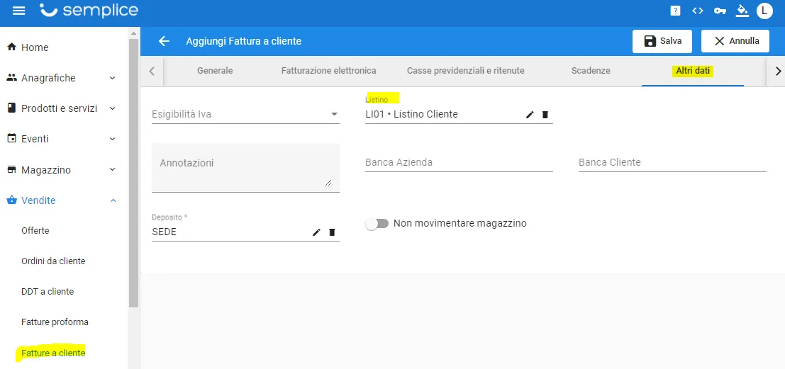 impostazione listino prezzi in fattura