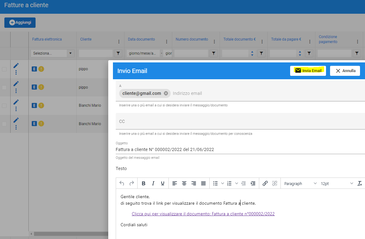 invio fattura via email