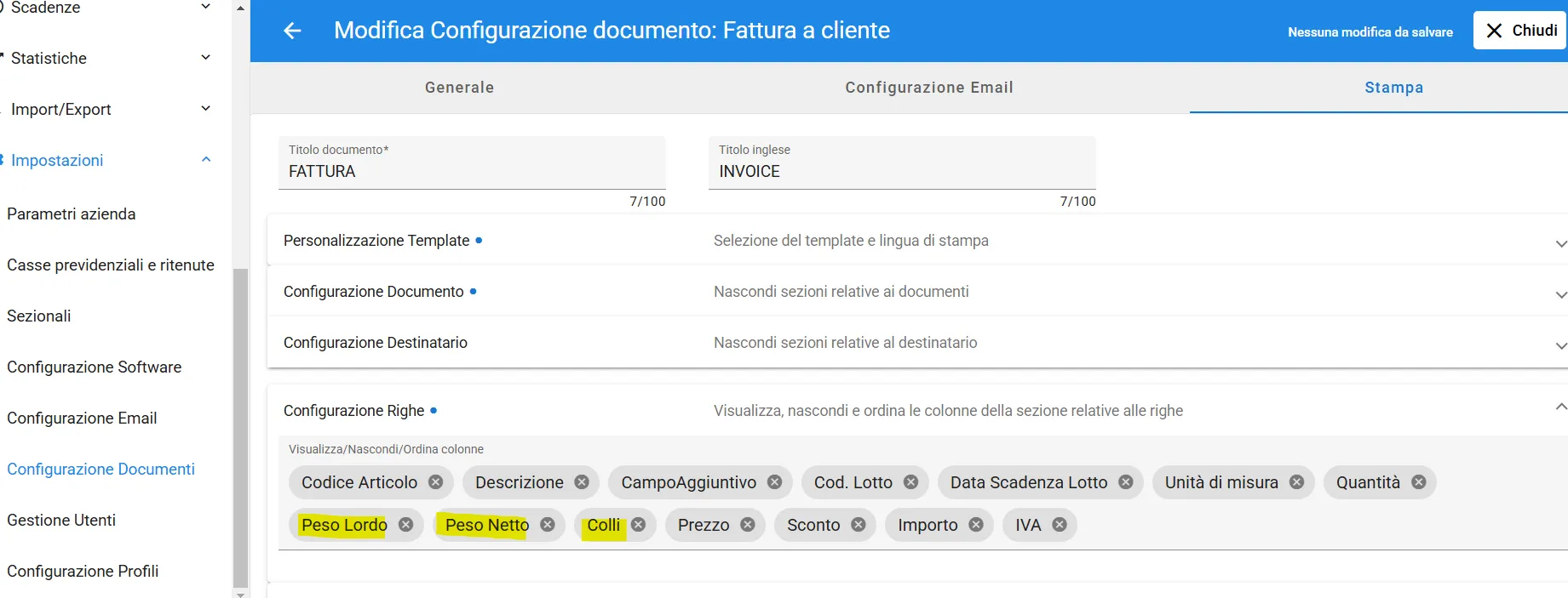 peso lordo netto righe documento