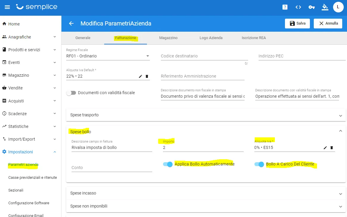 proforma di fattura impostazioni