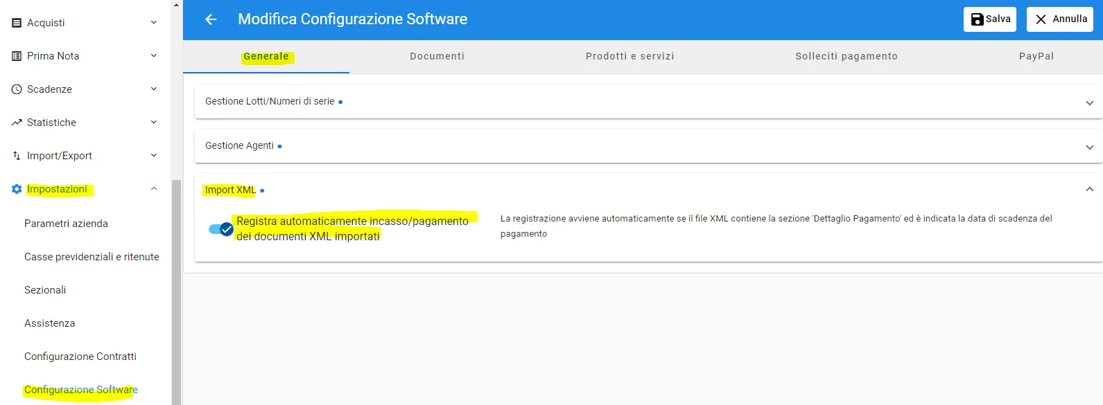 registrare pagamenti import xml
