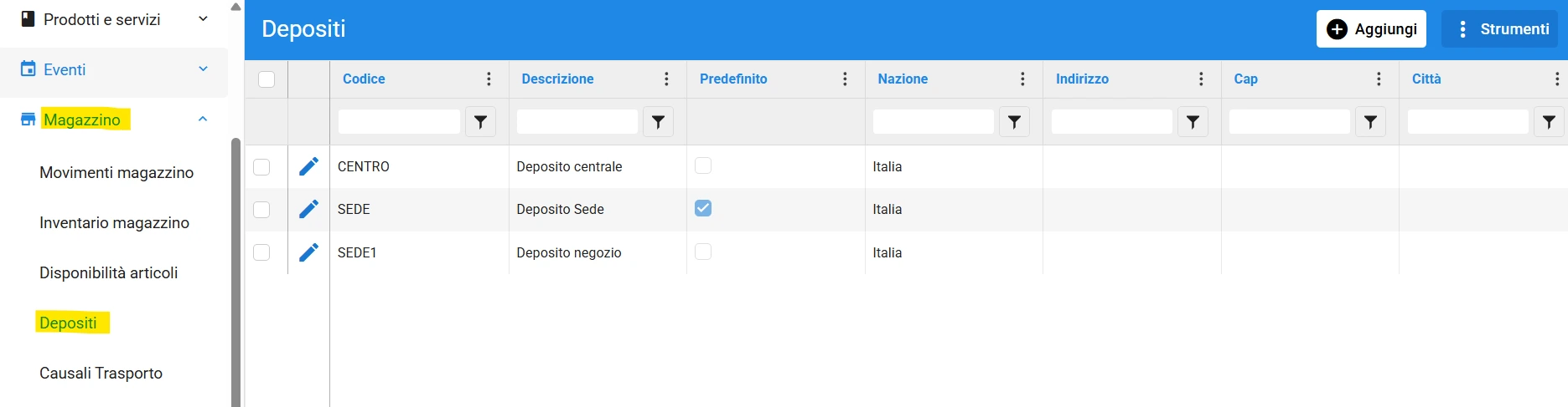 Gestione Depositi magazzino multipli