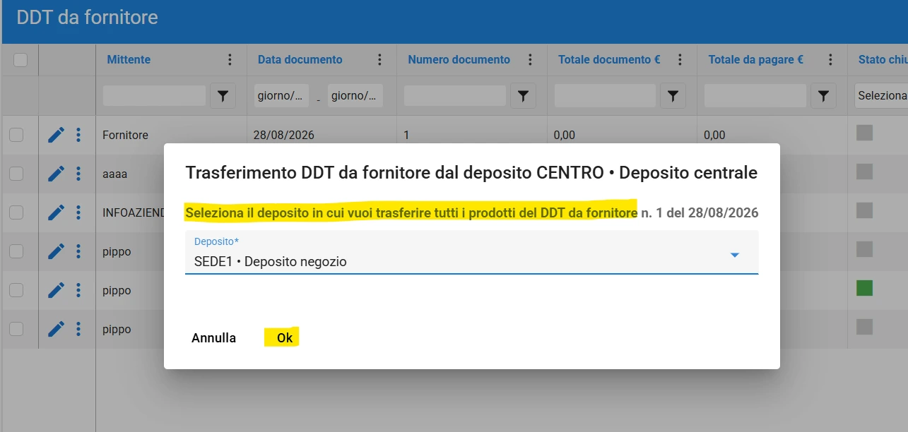 Trasferimento da DDT fornitore deposito di destinazione