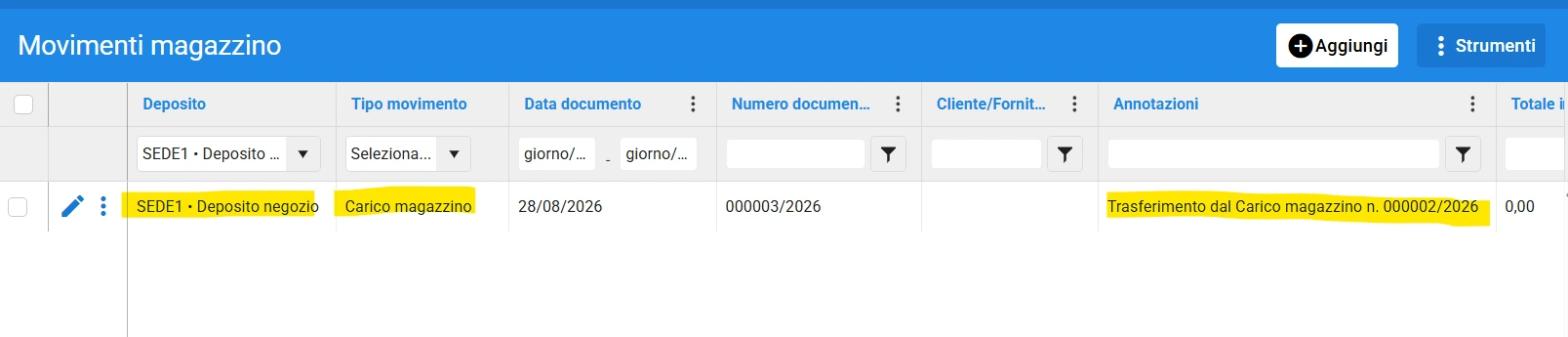 Trasferimento merce carico automatico deposito di destinazione