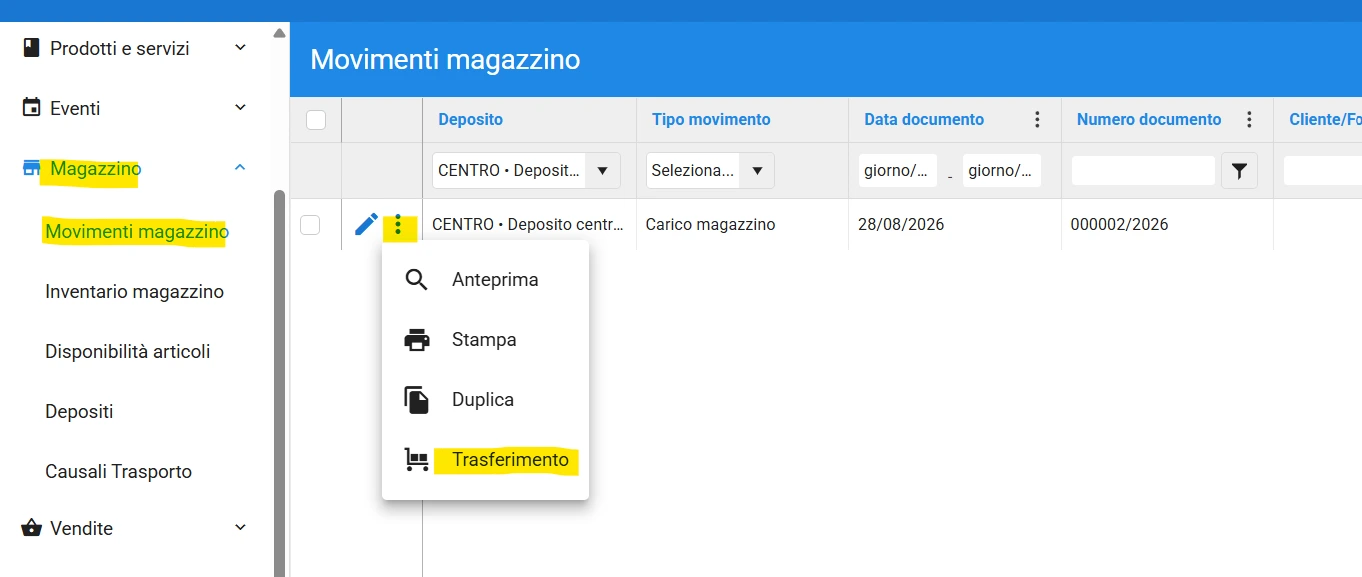 Trasferimento merci depositi da movimento di magazzino