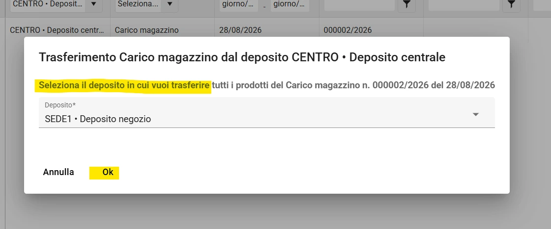 Trasferimento merce Deposito di destinazione
